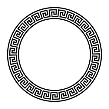 Meander circle frame with seamless Greek key pattern. Decorative border with Greek fret motif, constructed from continuous lines, shaped into a repeated motif. Isolated illustration over white. Vector