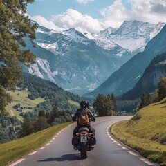 A motorcycle speeds down an open road surrounded by scenic nature, capturing the essence of freedom and adventure