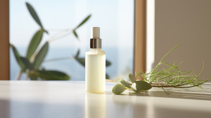 Serum cosmetic bottle mockup with leaves, shadow from sun, natural light from windows,product presentation