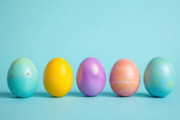Colorful easter eggs in a row and in front of a blue background and space for text. Minimalist Easter composition. Greeting trendy color concept with copyspace. design template, free copy space