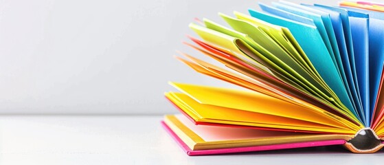 A stack of colorful, hardcover books, fanned out on a white table