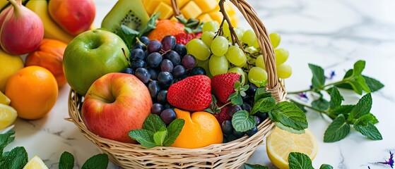 A basket of fresh fruit, with colorful produce, on a white dining table