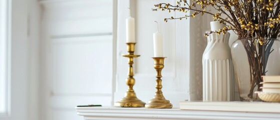 A vintage brass candlestick holder, placed on a clean white mantle
