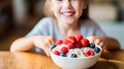 Smiling adorable child having breakfast eating oatmeal porridge