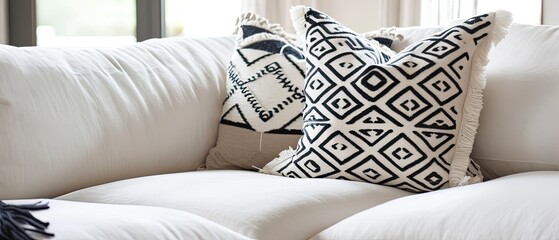 A plush decorative pillow with a geometric pattern, on a white sofa