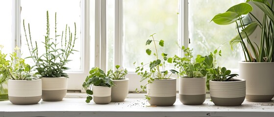A set of ceramic planters in various sizes, displayed on a white windowsill - obrazy, fototapety, plakaty