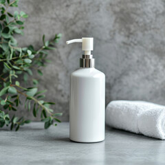 Obraz na płótnie Canvas mock up empty soap dispenser, gray background. Ai generated image