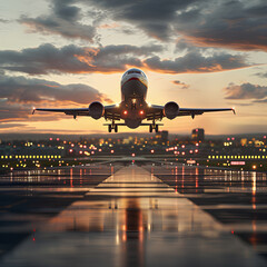 a plane taking off from an airport - obrazy, fototapety, plakaty