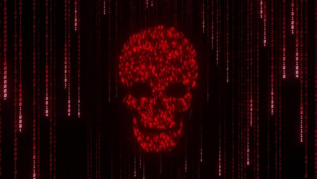 hacker screen red skull with binary code, network data security system, futuristic design server.