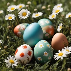 Fototapeta na wymiar Easter eggs lie in green grass and daisies, sunny day