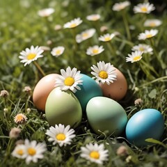 Obraz na płótnie Canvas Easter eggs lie in green grass and daisies, sunny day