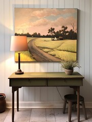 Golden Hour Hues: Vintage Landscape Painting of Country Roads, Tranquil Country Field Wall Decor