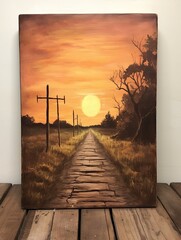 Golden Hour Country Roads: Vintage Art Sunset Painting for Wall Decor