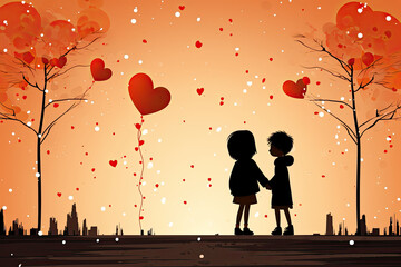 Two children are holding hands and looking at each other, surrounded by heart-shaped balloons and a cityscape.