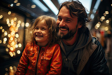 Mature man and a little girl are smiling and laughing together while sitting on city bench at market