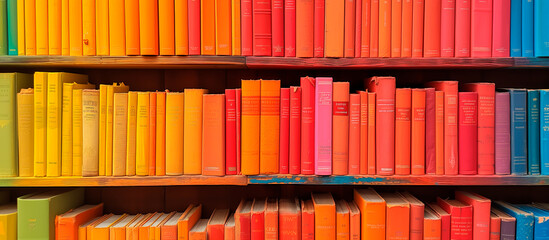 Colorful bookshelves in library, spectrum arrangement. Concept of knowledge and learning, banner or wallpaper.
