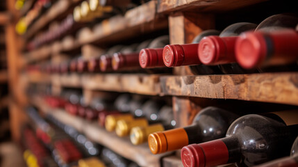 Vintage wine bottles in cellar, selective focus backdrop
