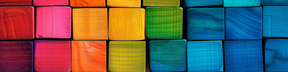 Colorful wooden blocks in a row, ideal for vibrant backgrounds and wallpapers.