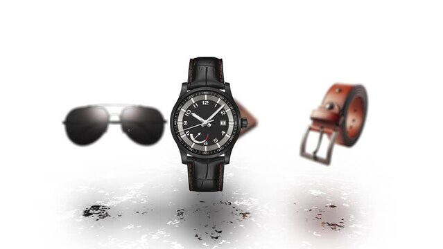 Motion animation of Wristwatches, belts, wallets and sunglasses. Sales show of Men's accessories.