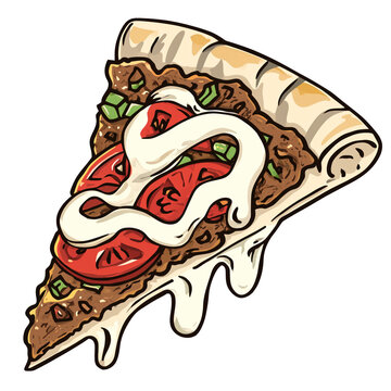 slice of kebab pizza with white sauce lines . Clipart PNG image . Transparent background . Cartoon vector style . Generative AI 
