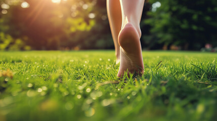 close up of the bare feet of a person walking on the grass, therapy and reduce stress in living and investing and doing business - obrazy, fototapety, plakaty