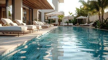 A modern resort hotel swimming pool with pool loungers hospitality. Generative AI.