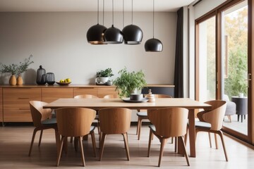 Fototapeta premium Interior home design of modern dining room with chairs and wooden dining table with dishwasher