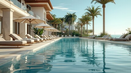 A modern resort hotel swimming pool with pool loungers hospitality. Generative AI.