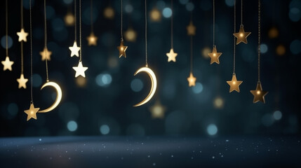 Ramadan Kareem greeting card - crescent and mosque silhouette, hanging stars