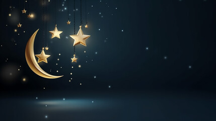 Obraz na płótnie Canvas Ramadan Kareem greeting card - crescent and mosque silhouette, hanging stars