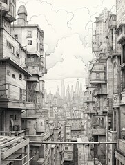 Vintage Metropolis Musings: Hand-Drawn City Skylines and Surreal Landscapes