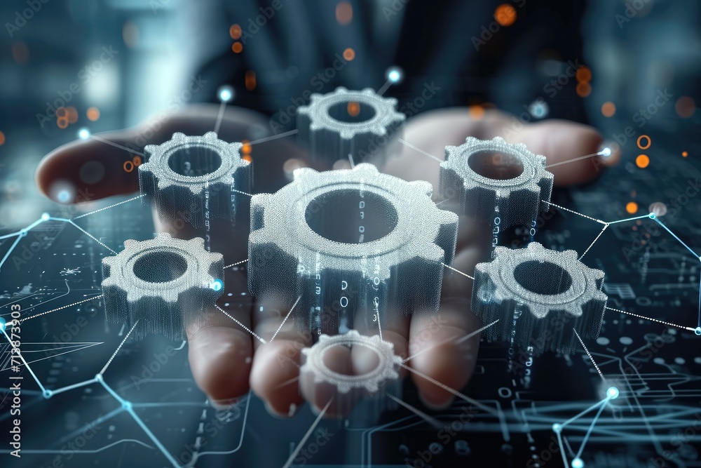 Aufkleber Gears icon on screen, Manager touching interface, Businessman draw graph growth of business and analyzing data with icon customer network connection on virtual interface. Generative AI.