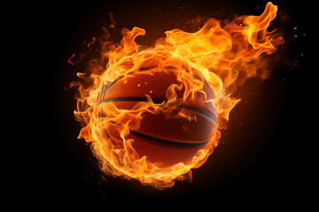 basketball on fire, A burning basketball , basketball on fire, Basketball game concept, blazing basketball on a court 3d rendering, generative Ai