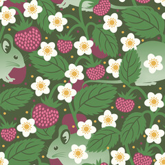 Vector seamless pattern with cute mice among berry bushes - 713873961