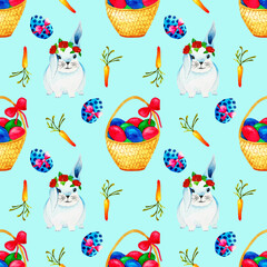 Seamless pattern with cartoon blue rabbit and eggs