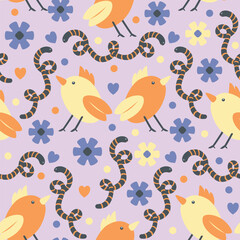 Vector seamless spring pattern with birds and worms - 713874141