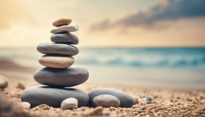 stack of stones on the beach zen yoga background  - obrazy, fototapety, plakaty