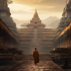 Monk walking on ancient temple