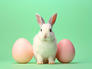 Cute Easter bunny sitting with easter eggs on isolated background - ai generative