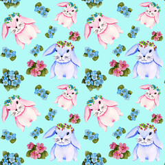 Seamless pattern with cartoon rabbit and violet flowers on blue background