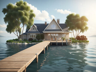 A dock leading to a house on the water design. 3D Rendering