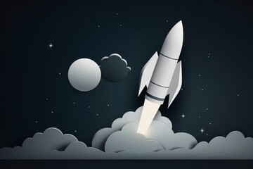 Cartoon pencil rocket launching on dark background with cloud and sphere around. Concept of startup business taking off or explore the infinite world. Generative AI - obrazy, fototapety, plakaty