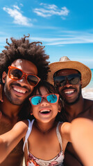 Cheerful family in sunglasses taking selfie on beach
