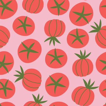 Vector seamless pattern with tomatoes on a pink background