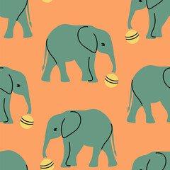 Vector seamless pattern with baby elephants playing with a ball - 713874513