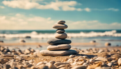 Fototapeta na wymiar stack of stones on the beach symbol of balance life