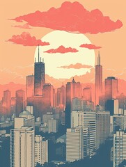 Vintage Hand-Drawn City Skylines: Sunrise over Skyscrapers Wall Art - Unique Digital Print