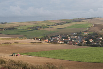 Obraz premium Various fields, wide lands, and valleys. With interesting colors, lines, and textures. Shot in France.
