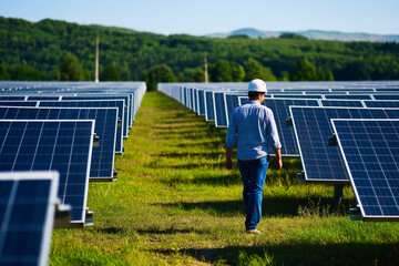 Young engineer walking in between of photovoltaic panels in solar power plant

