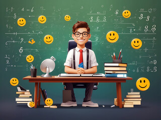 accountant or office employee character with a happy and successful smile face on nerd equations background as a wide banner with copy space area for text mockup or template design.